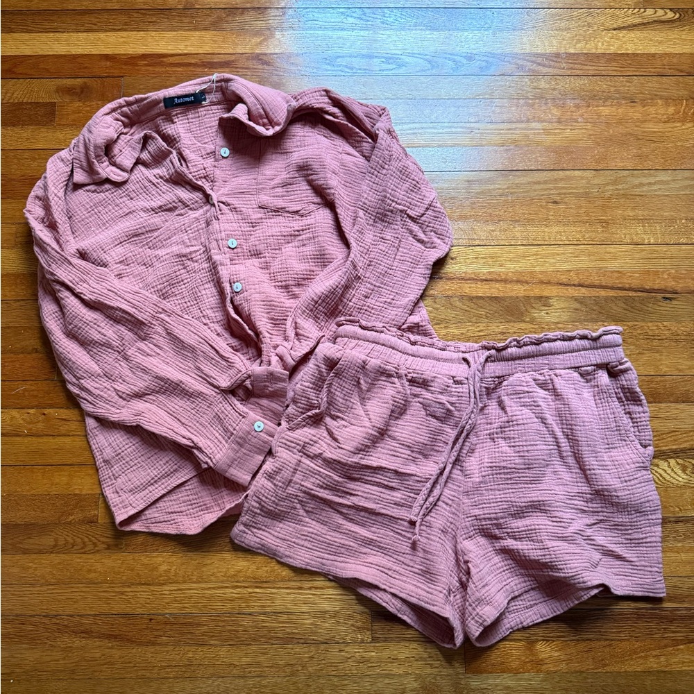 Pink Button-Up Shirt and Shorts Set